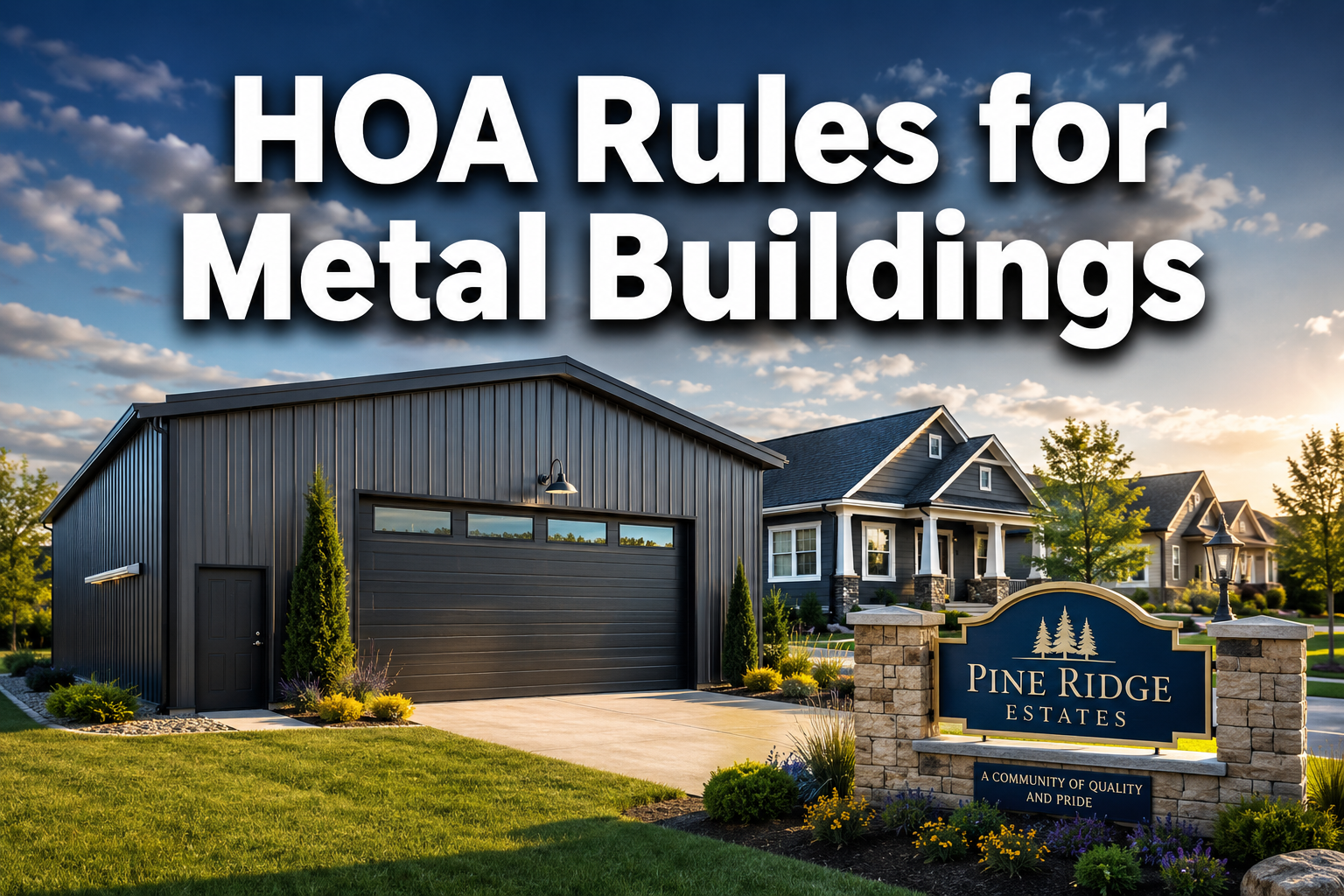 Professional () hero image with : 'HOA Rules for Metal Buildings' in extra large white with dark drop , centered in upper