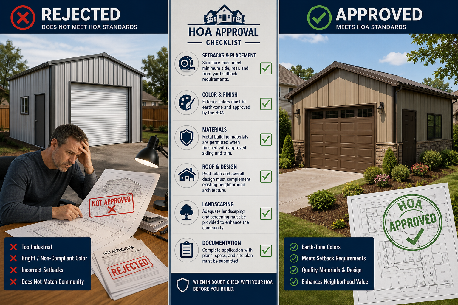 Detailed () informational illustration showing a split-scene comparison: on the left, a rejected metal shed application with