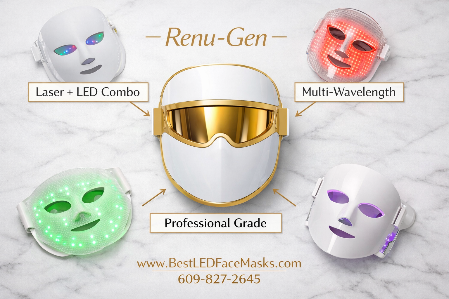 () flat-lay product comparison image showing the Renu-Gen LED face mask prominently centered on a white marble surface,
