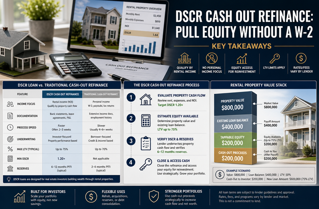 Professional infographic for article "DSCR Cash Out Refinance: Pull Equity Without a W-2", section: "Key Takeaways". Include