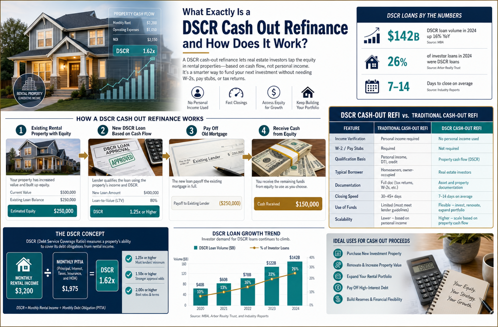 Professional infographic for article "DSCR Cash Out Refinance: Pull Equity Without a W-2", section: "What Exactly Is a DSCR