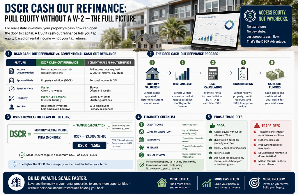 Professional infographic for article "DSCR Cash Out Refinance: Pull Equity Without a W-2", section: "DSCR Cash Out