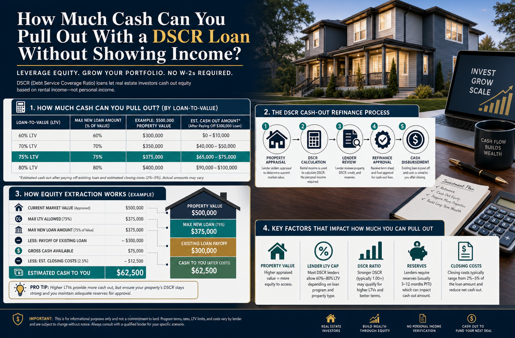 Professional infographic for article "DSCR Cash Out Refinance: Pull Equity Without a W-2", section: "How Much Cash Can You