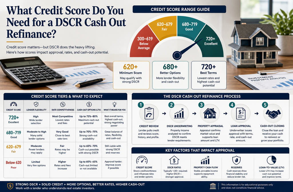 Professional infographic for article "DSCR Cash Out Refinance: Pull Equity Without a W-2", section: "What Credit Score Do