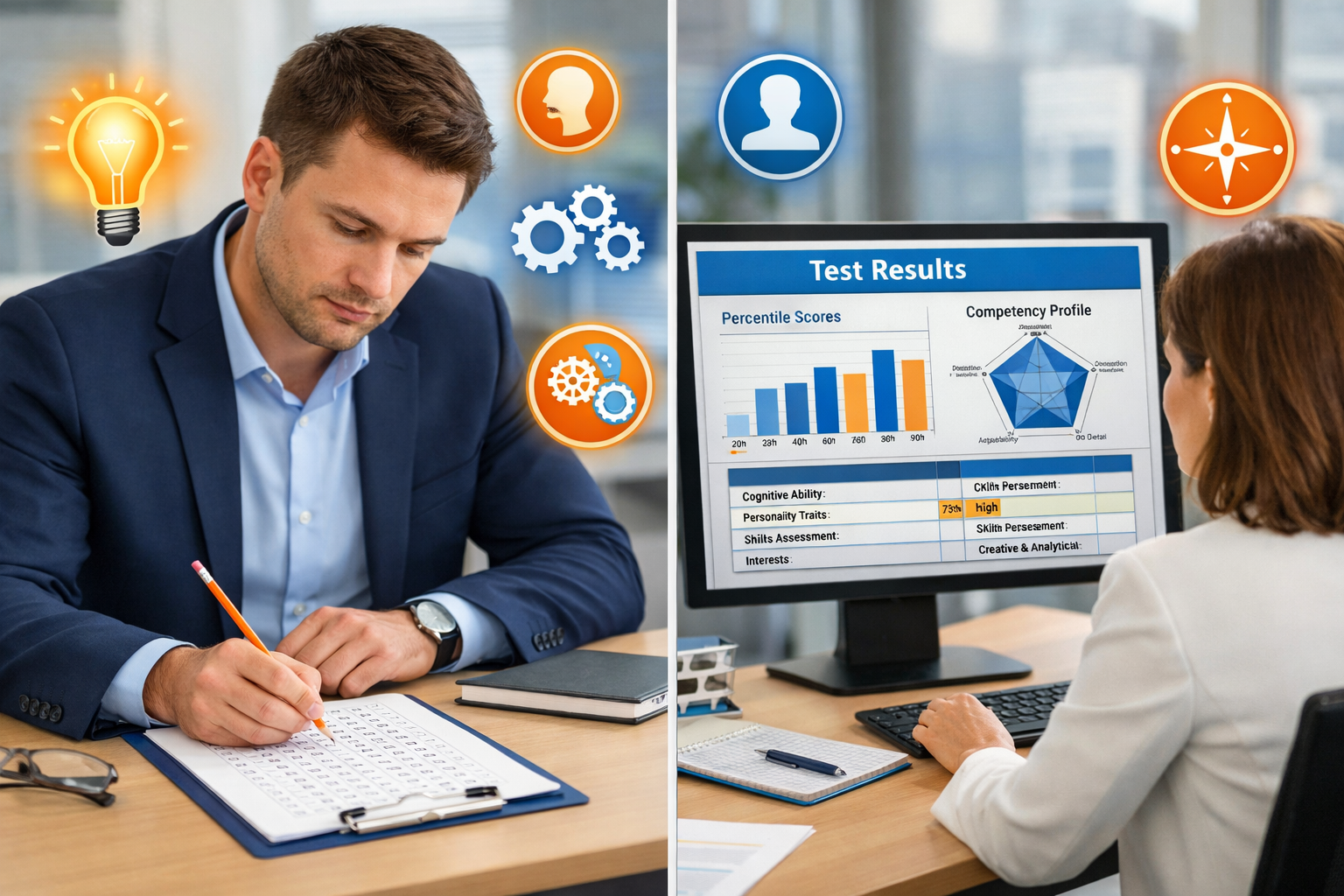 Detailed landscape format (1536x1024) image showing split-screen composition: left side displays professional candidate sitting at desk comp