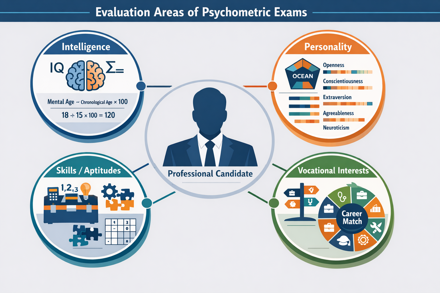 Detailed landscape format (1536x1024) infographic-style image displaying four main evaluation areas of psychometric exams as interconnected 