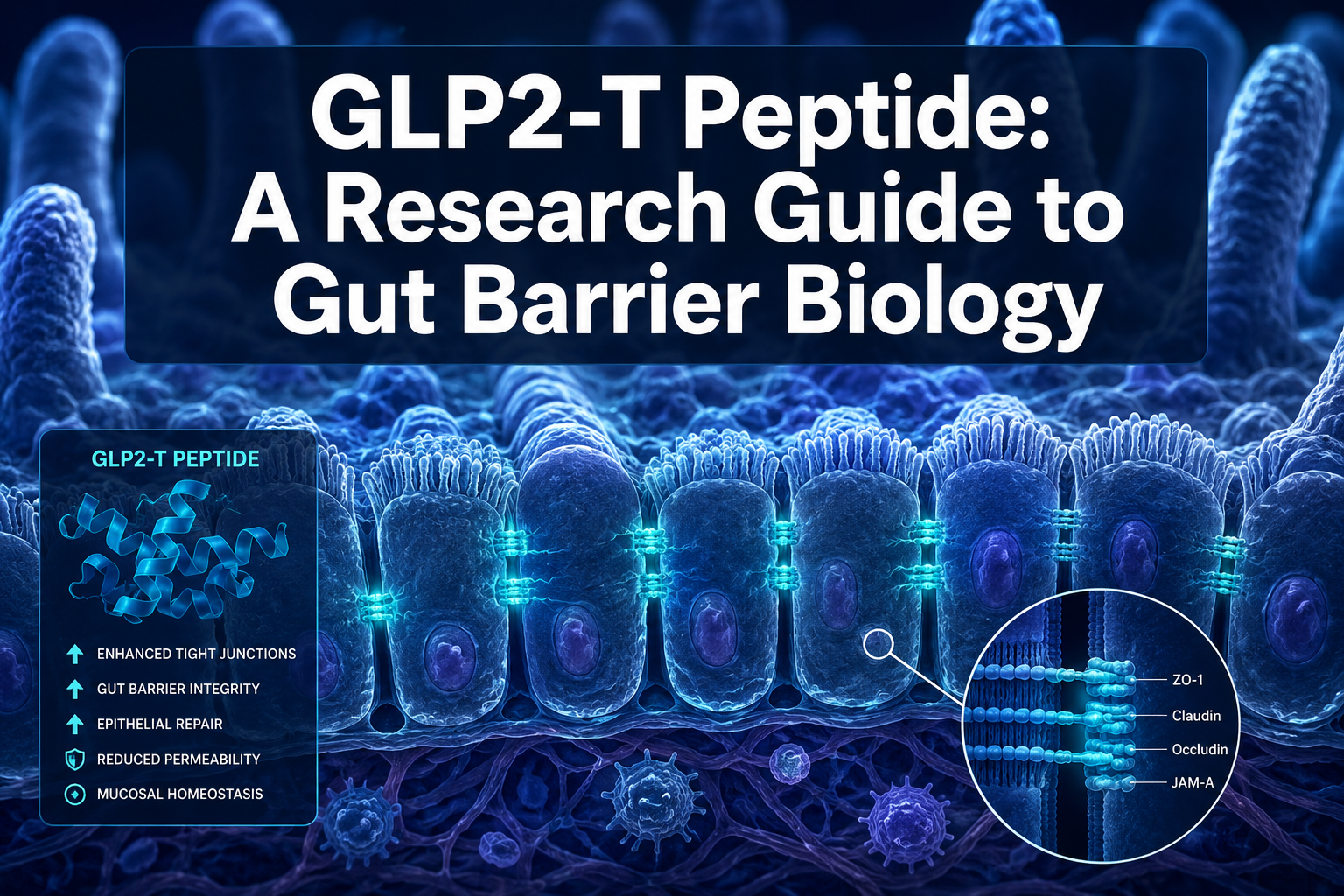 Professional () hero image with : 'GLP2-T Peptide: A Research Guide to Gut Barrier Biology' in extra large white with dark