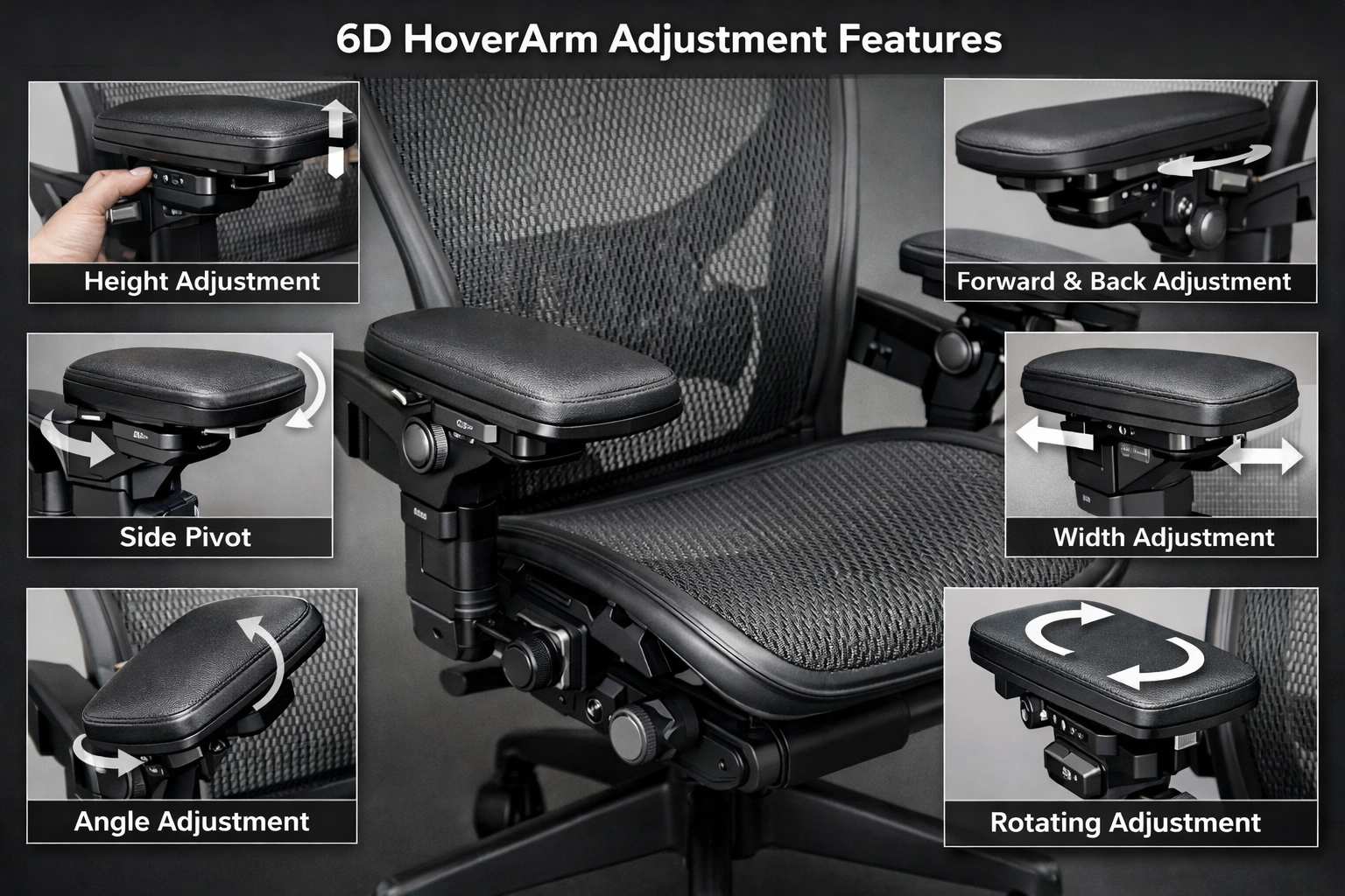 detailed view of 6D HoverArm armrests showing adjustment capabilities