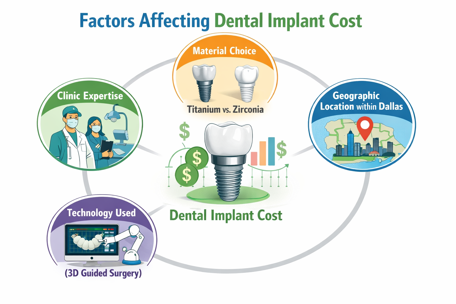 A visual representation in () showing various influencing factors on dental implant cost. This could be a segmented circular