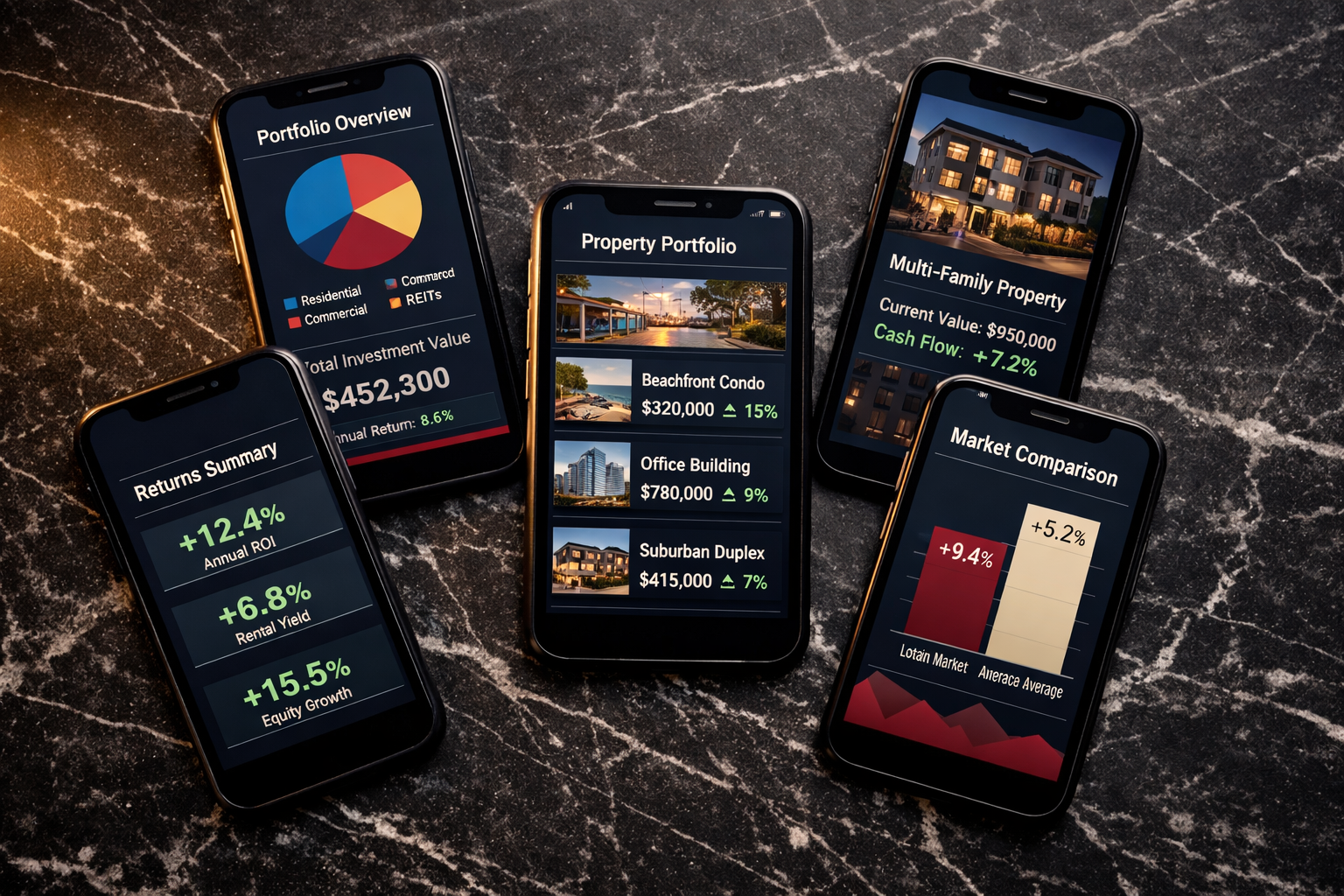 () showing a flat-lay overhead shot of five different smartphones arranged in a fan pattern on a dark marble surface, each