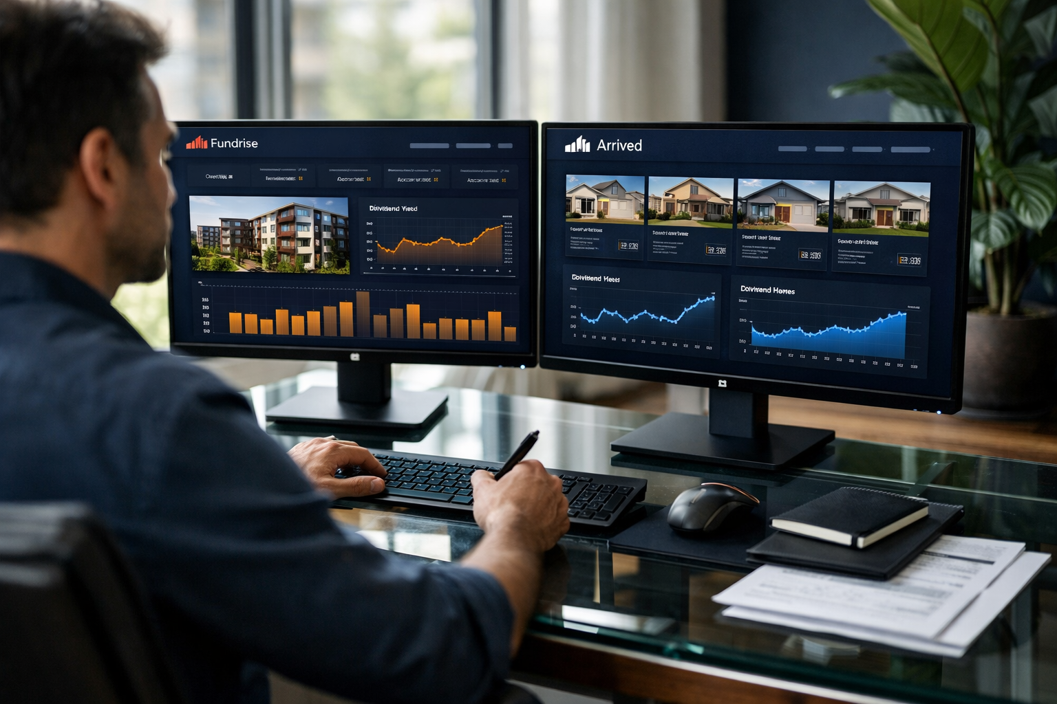 () showing a wide-angle view of a modern home investor sitting at a glass desk with dual monitors displaying Fundrise and