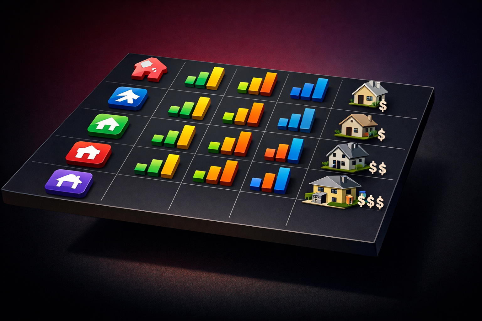 () showing an isometric-style illustration of a comparison table floating in 3D space with real estate app icons arranged in