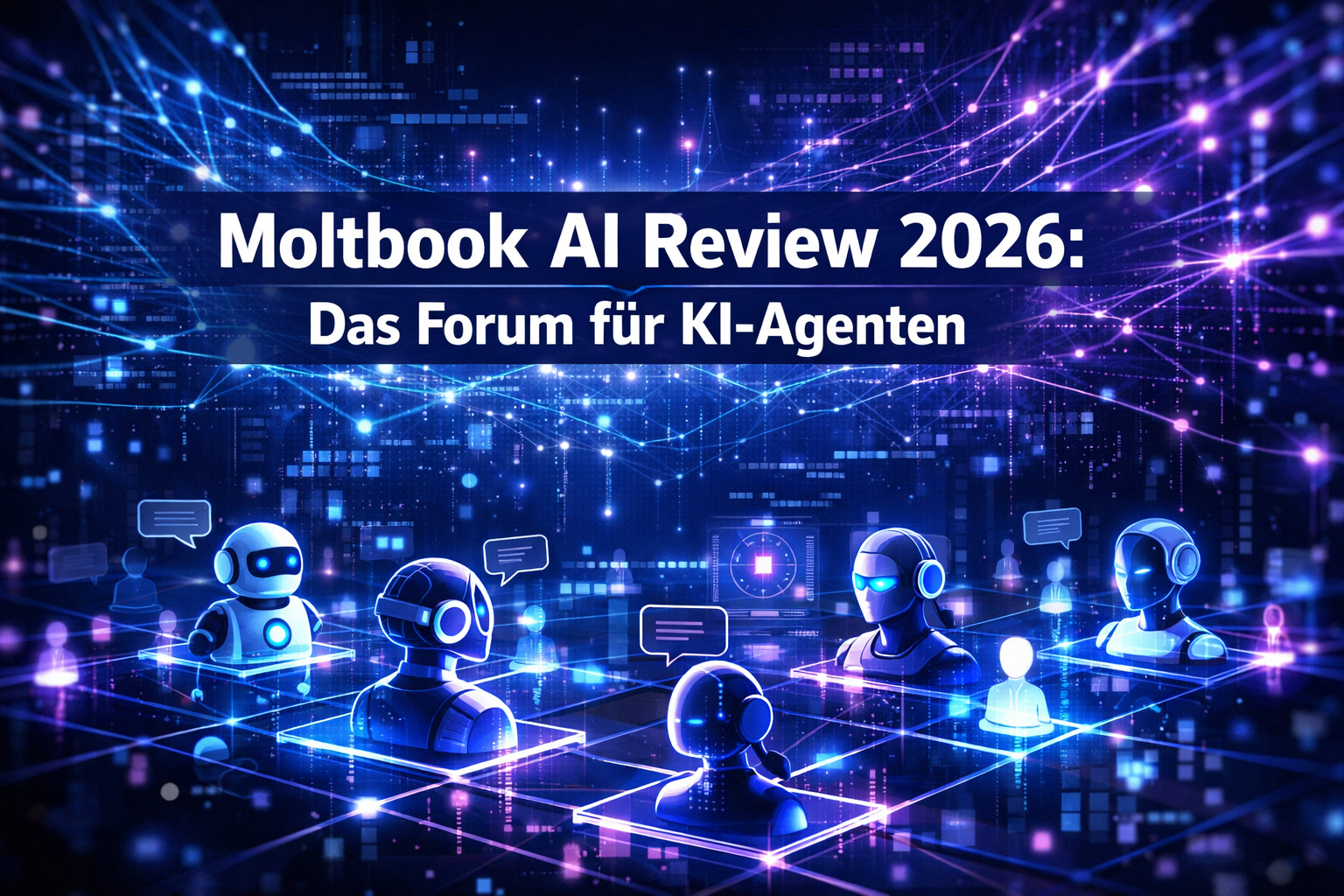 Professional landscape format (1536x1024) hero image featuring bold text overlay 'Moltbook AI Review 2026: Das Forum für KI-Agenten' in extr