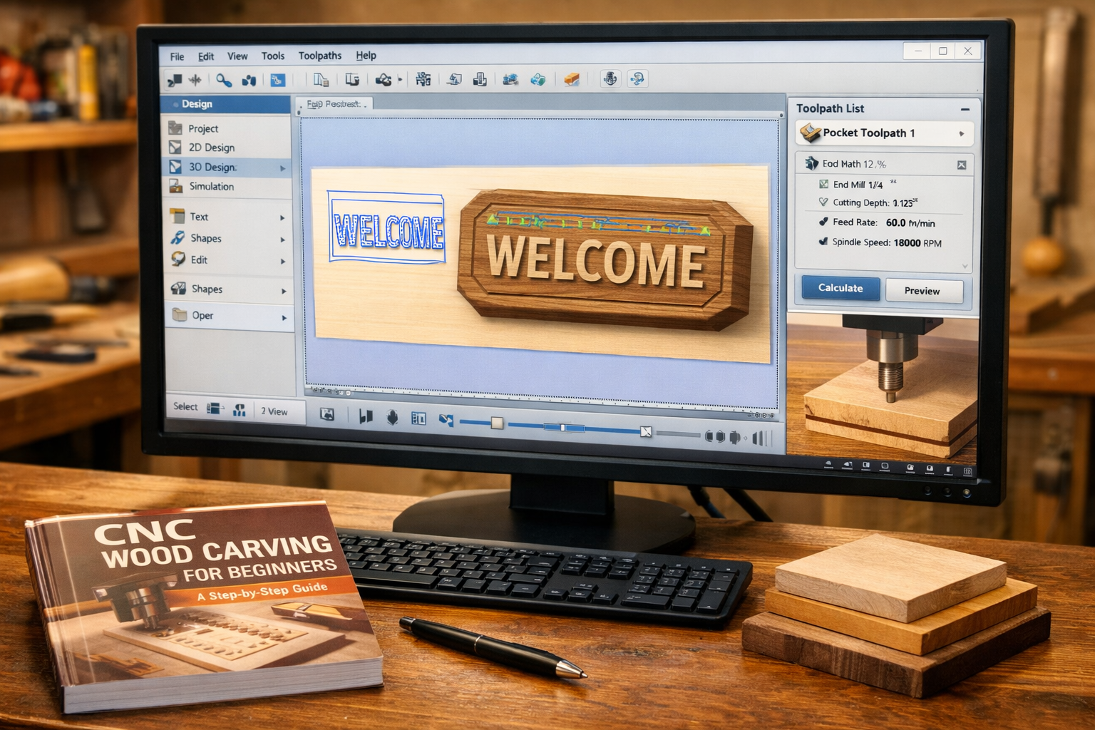 A detailed, eye-level landscape image () of a user-friendly CAD/CAM software interface on a desktop screen, showcasing a 3D