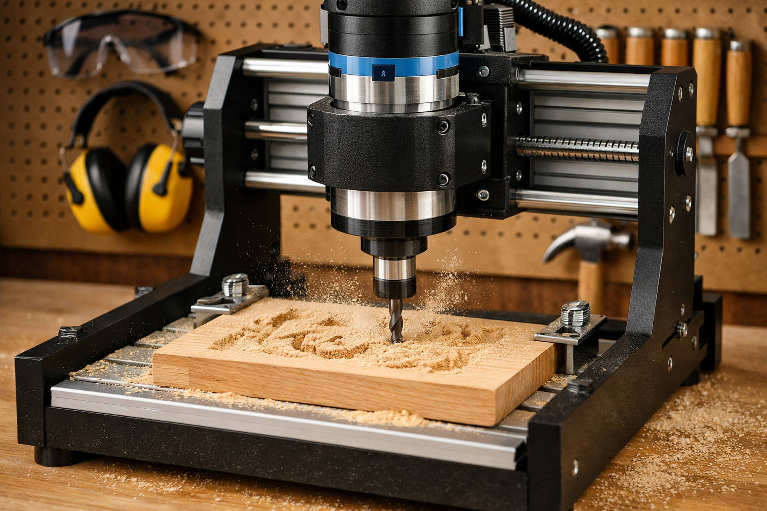 A clear, mid-range landscape shot () of a compact, entry-level desktop CNC machine actively carving a piece of wood,