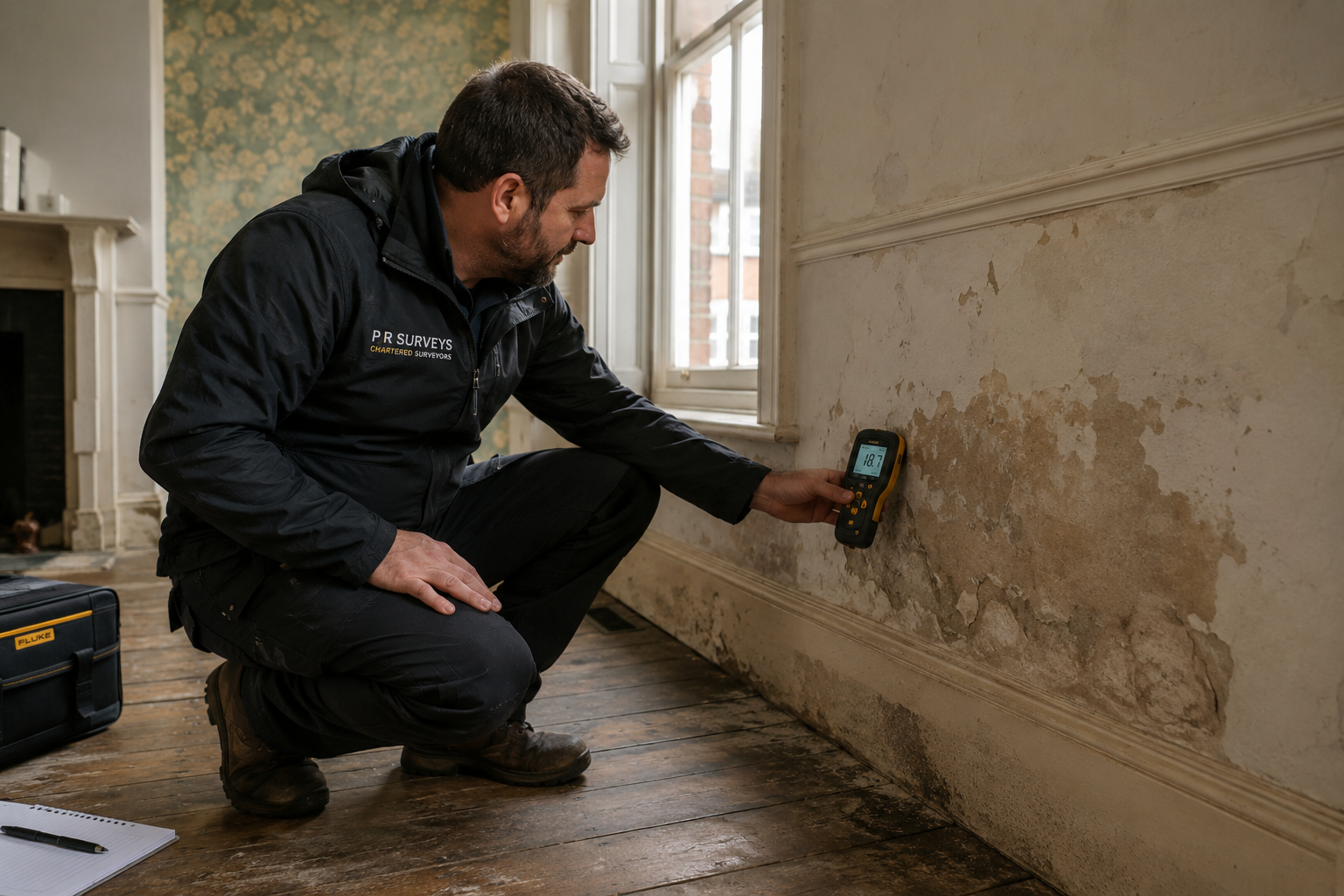 Wide-angle editorial photograph of a professional surveyor crouching to inspect a damp-stained ground floor wall with a