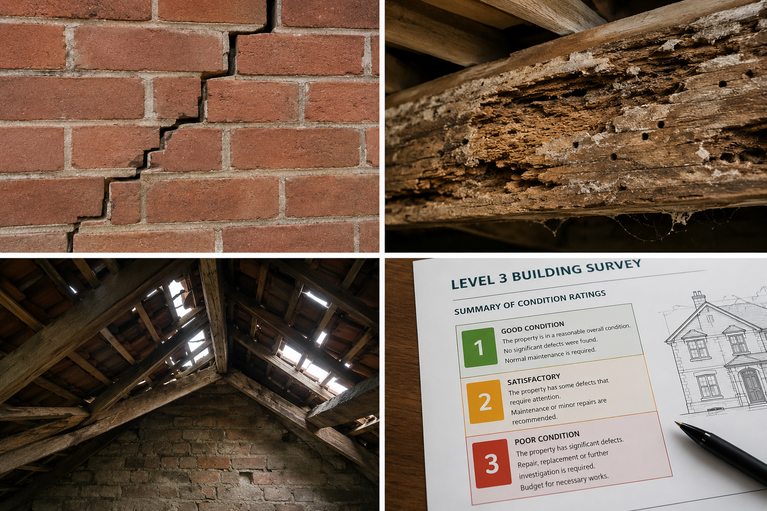 Dramatic close-up composite image split into four quadrants: top-left shows diagonal crack pattern in brick wall indicating