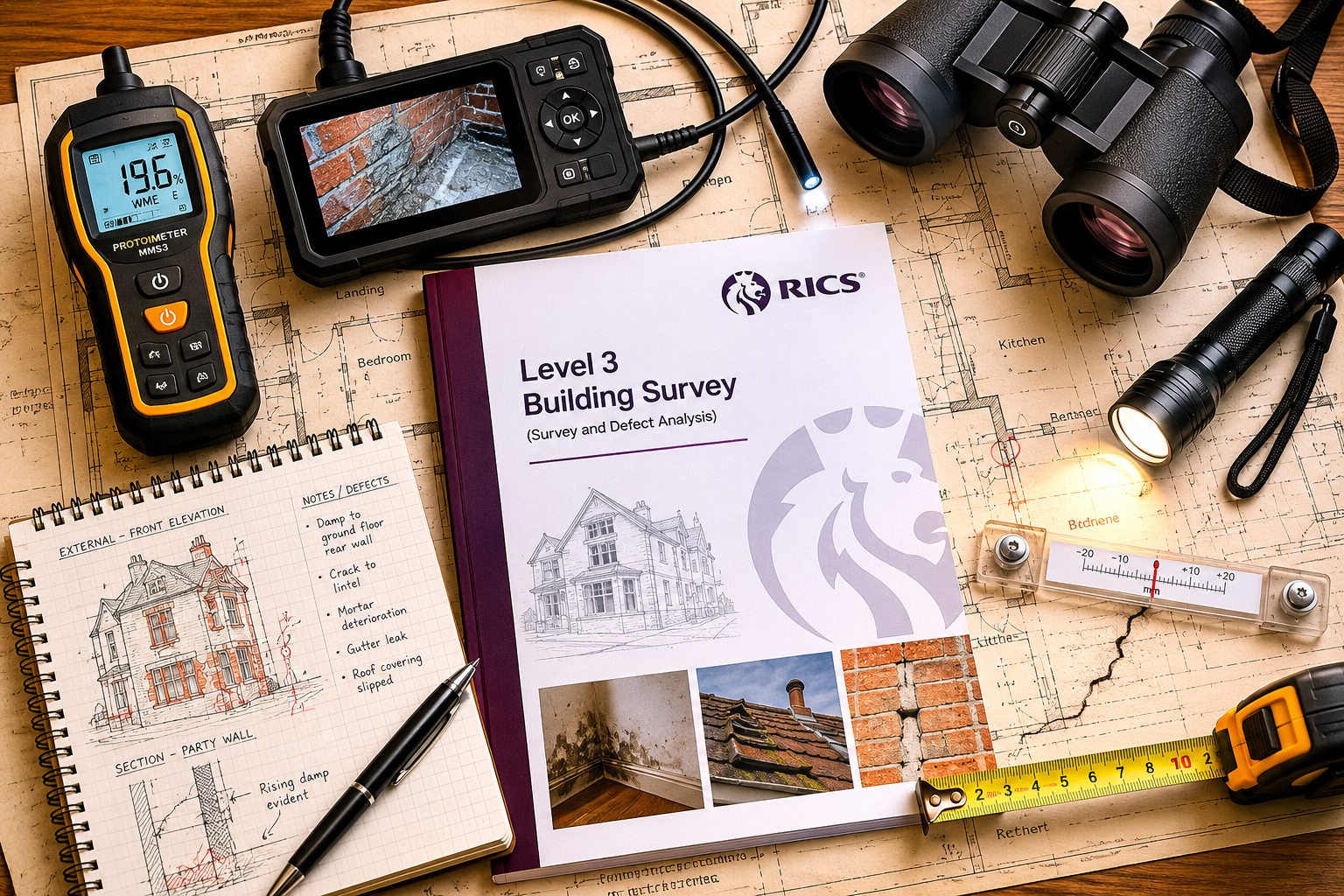 Overhead bird's-eye view of a surveyor's inspection toolkit laid out on a Level 3 RICS building survey report document: damp