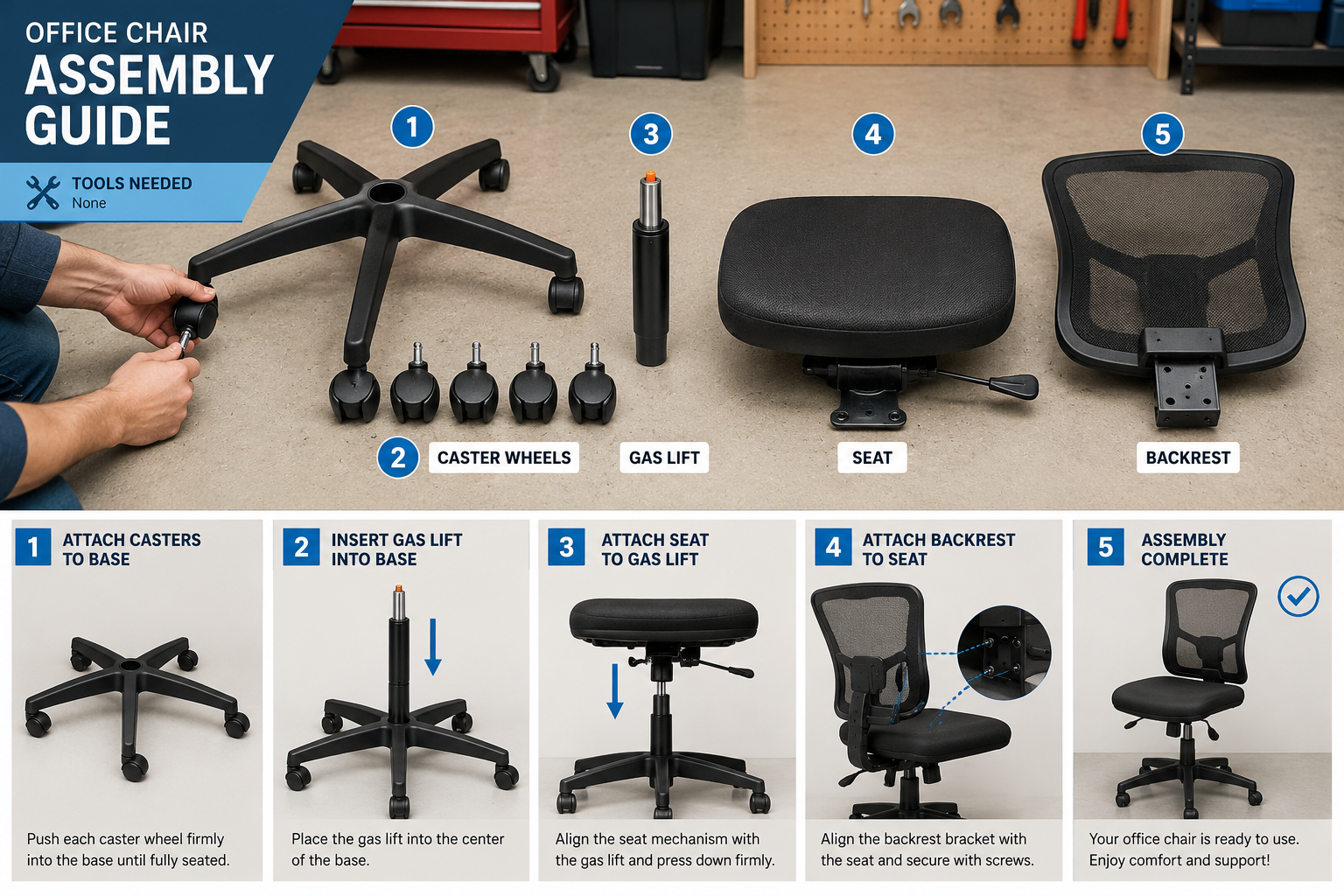 PatioMage Ergonomic Mesh Office Chair Review Detailed landscape format (1536x1024) image illustrating a step-by-step assembly guide for an office chair. Shows numbered parts: base, wheels, gas lift, seat, and backrest laid out neatly on a garage floor. A person's hands are shown inserting a caster wheel into the base. Bright, instructional aesthetic with clear focus on the mechanical components. Patiomage Ergonomic Chair Assembly Instructions
