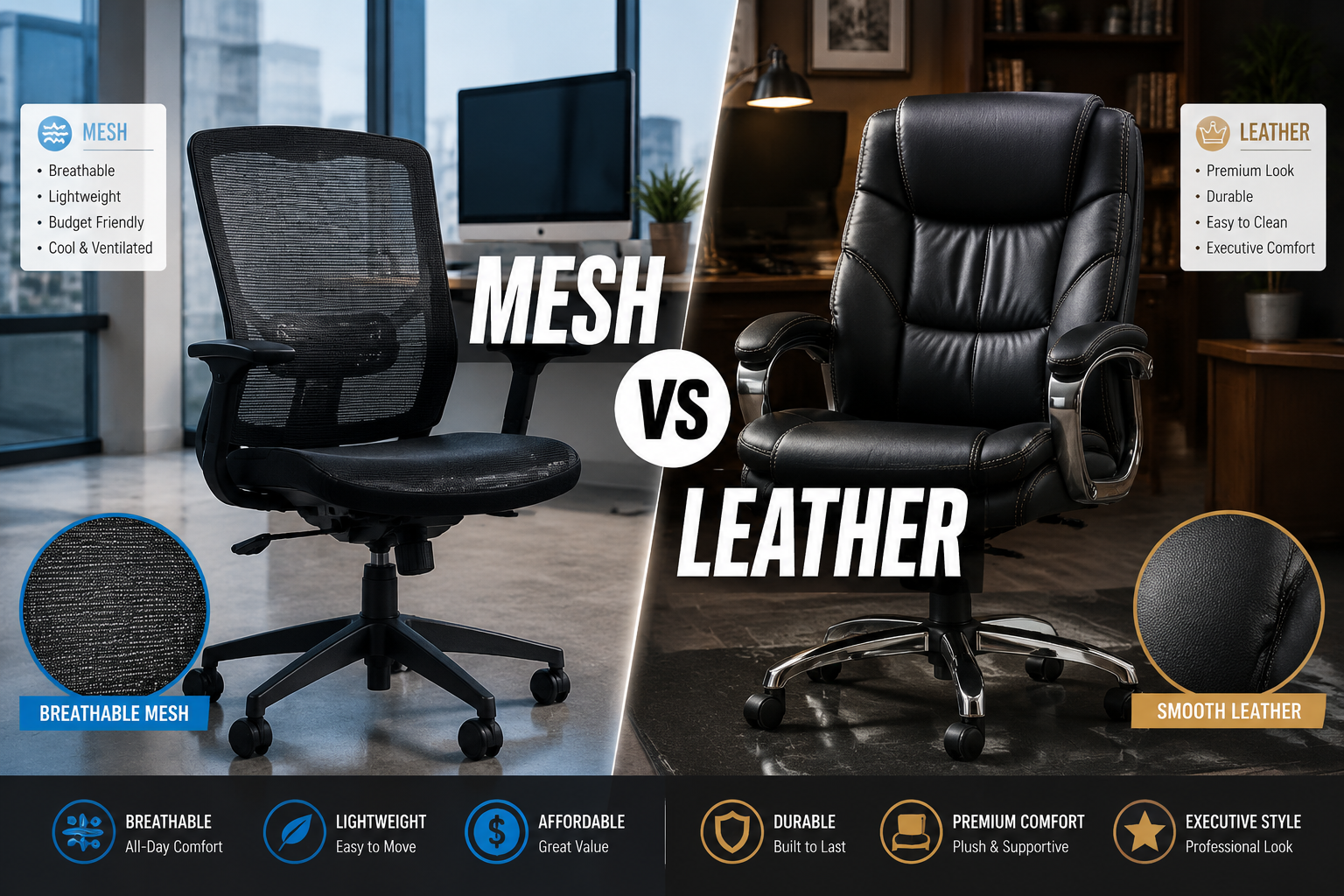 Patiomage Ergonomic Mesh Office Chair Review Detailed landscape format (1536x1024) image comparing a budget mesh office chair on the left with a premium leather executive chair on the right, split-screen style. Highlights the breathable mesh texture versus the smooth leather padding. Modern office setting background. Text overlay reads 'Mesh vs Leather' in bold, clean typography. High contrast, editorial comparison graphic. Patiomage Office Chair Lumbar Support Review