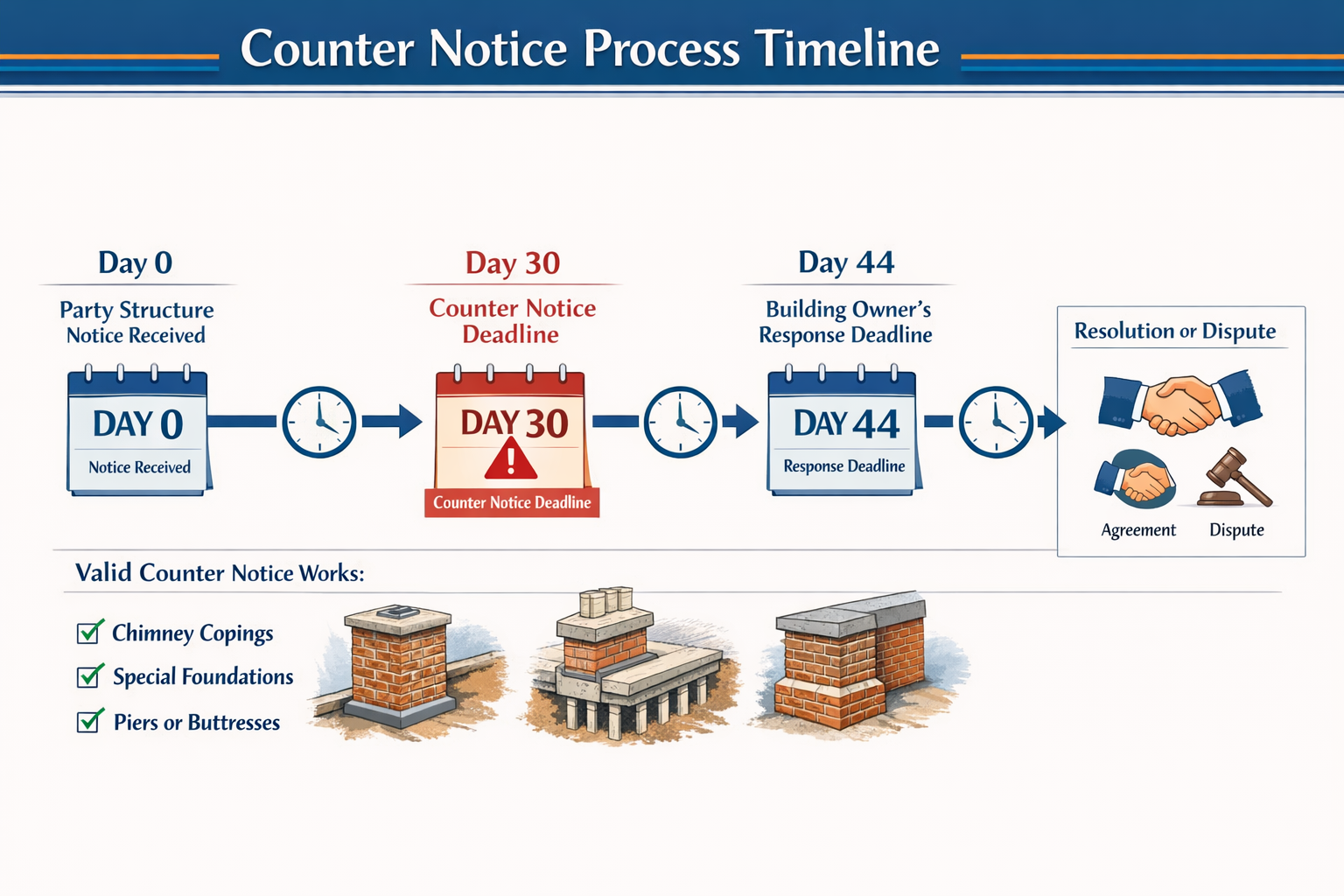 () detailed infographic showing timeline flowchart of counter notice process with calendar icons marking key deadlines: Day