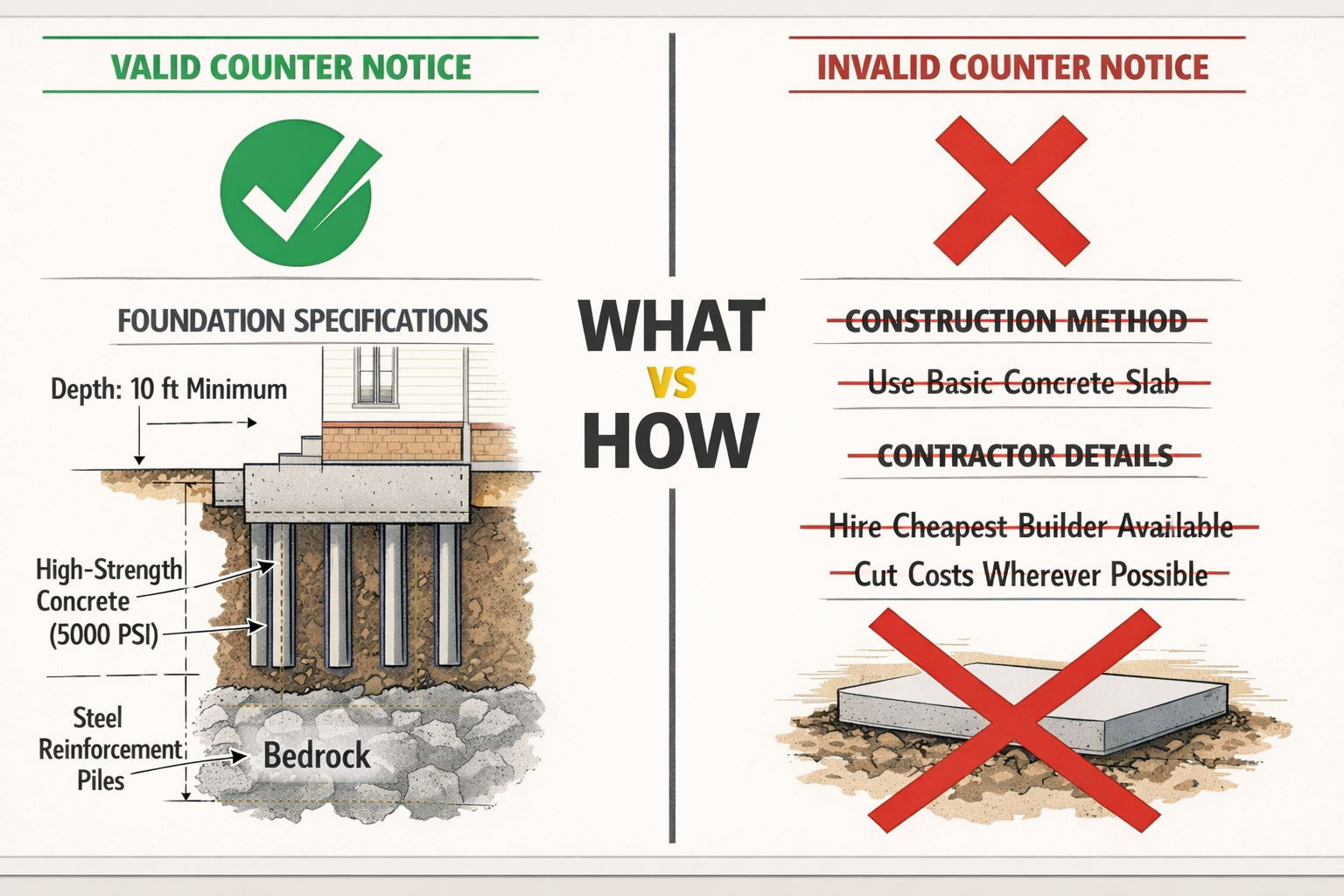 () split-screen comparison illustration showing two scenarios: left side depicts valid counter notice with green checkmark