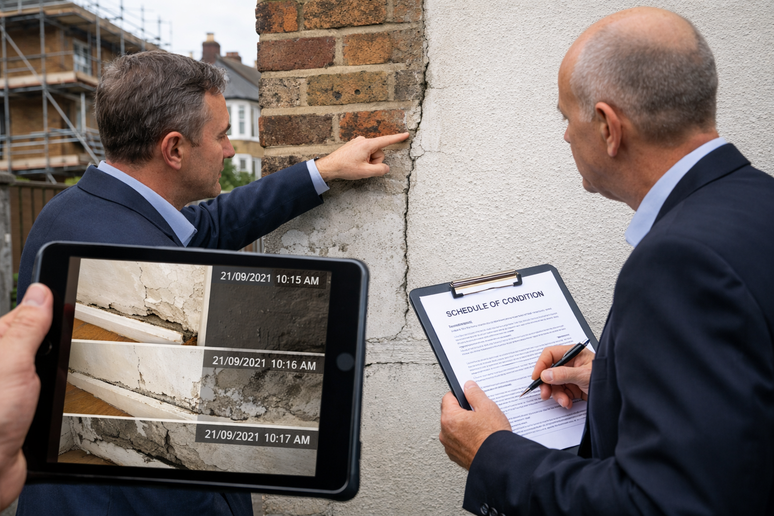 () professional photograph of two property surveyors in business attire examining party wall structure between semi-detached