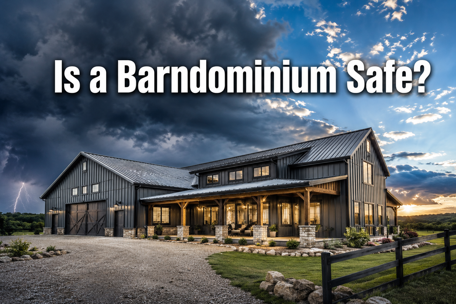 Professional () hero image with : 'Is a Barndominium Safe?' in extra large white with dark drop , centered in upper third.