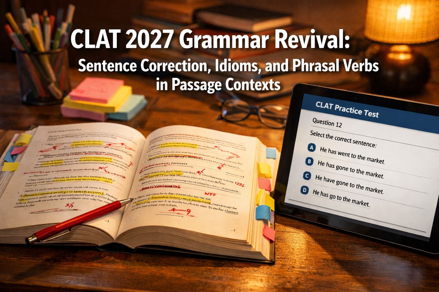 Professional () hero image with : 'CLAT 2027 Grammar Revival: Sentence Correction, Idioms, and Phrasal Verbs in Passage