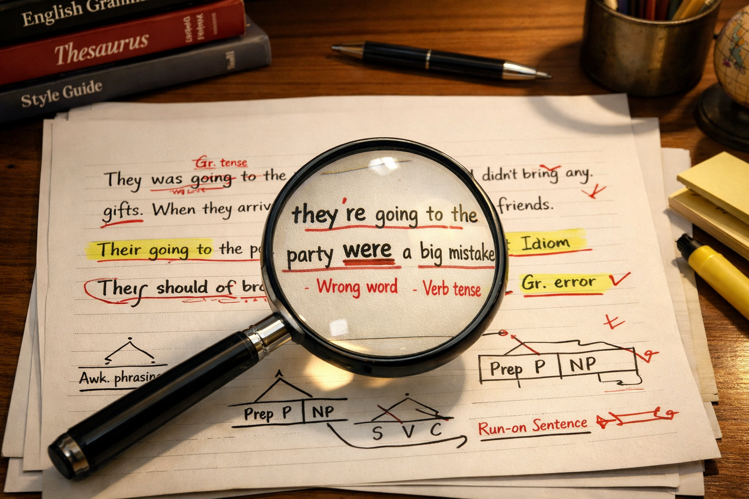 () image showing close-up of marked-up passage with red correction marks, grammar error annotations, sentence structure