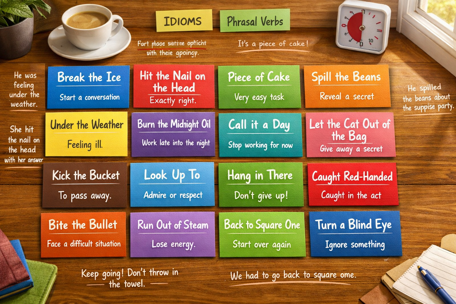 () visual displaying organized grid of common English idioms and phrasal verbs with colorful categorization system,