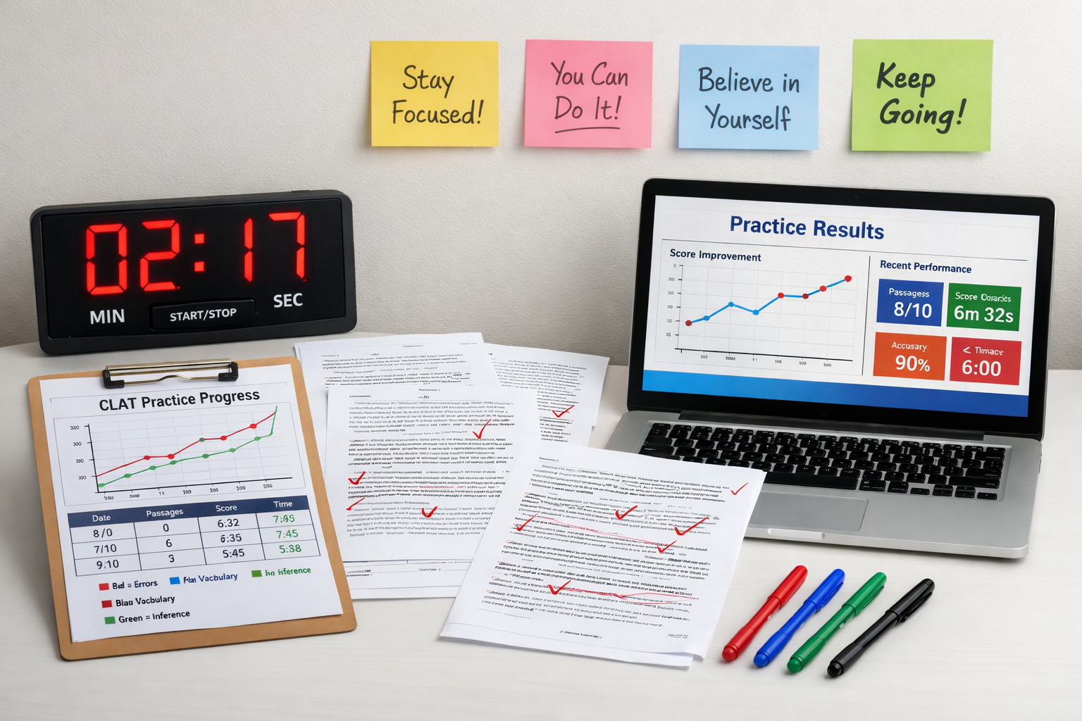 () image of speed practice session setup with digital timer showing countdown, multiple CLAT passage printouts with