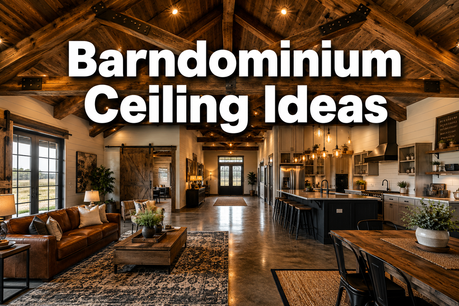 Professional () hero image with : 'Barndominium Ceiling Ideas' in extra large white with dark drop , centered in upper