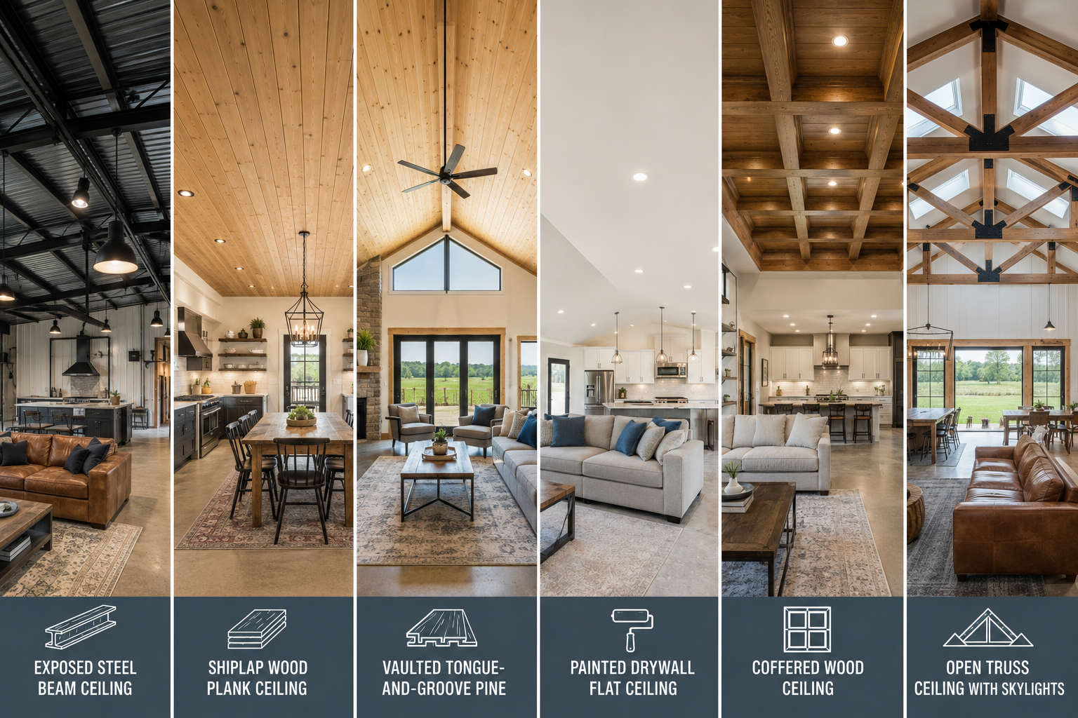 Detailed () editorial image showing a split-panel comparison of six barndominium ceiling styles side by side: exposed steel