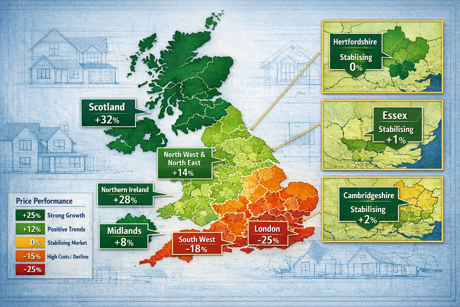 () detailed UK regional map showing North-South divide in property market performance. Map uses color-coded heat mapping: