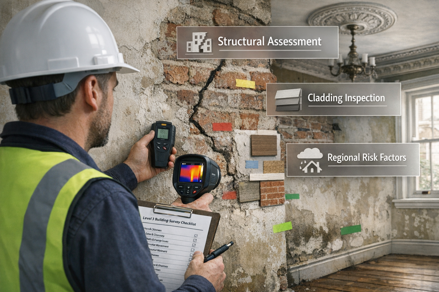 () professional composition showing chartered surveyor conducting Level 3 Building Survey inspection inside period property.