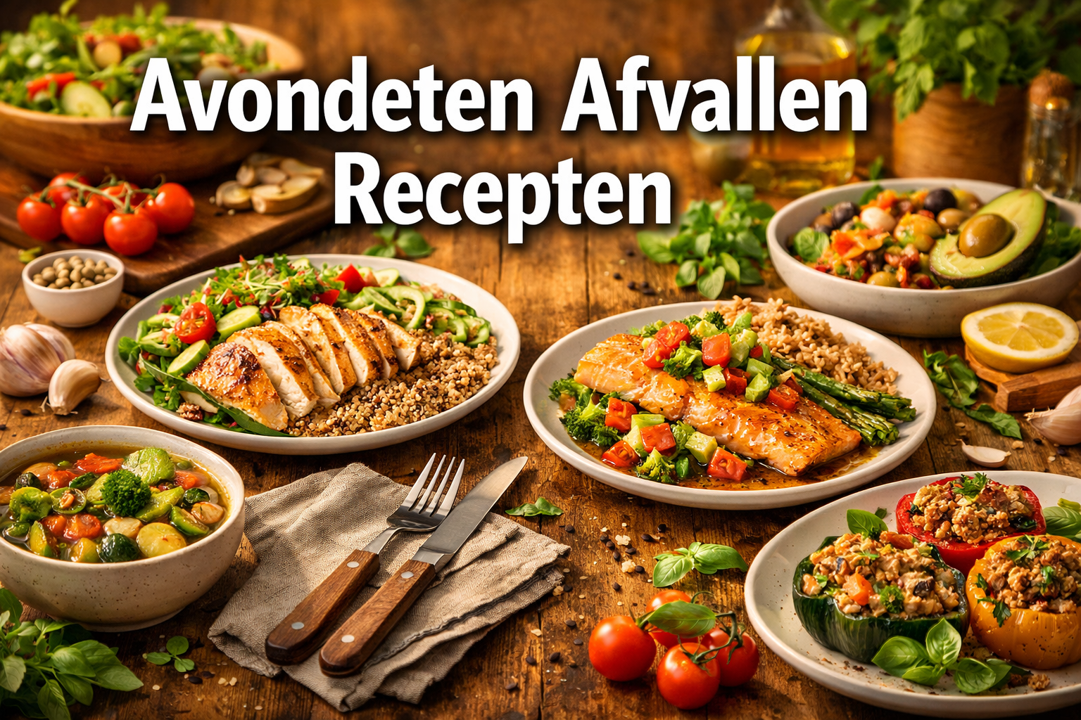 Professional landscape hero image (1536x1024) featuring bold text overlay 'Avondeten Afvallen Recepten' in extra large 72pt white sans-serif