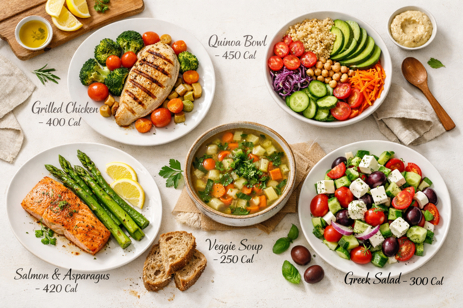 Detailed editorial food photography showing variety of light evening meals arranged on clean white plates, overhead flat lay composition. In