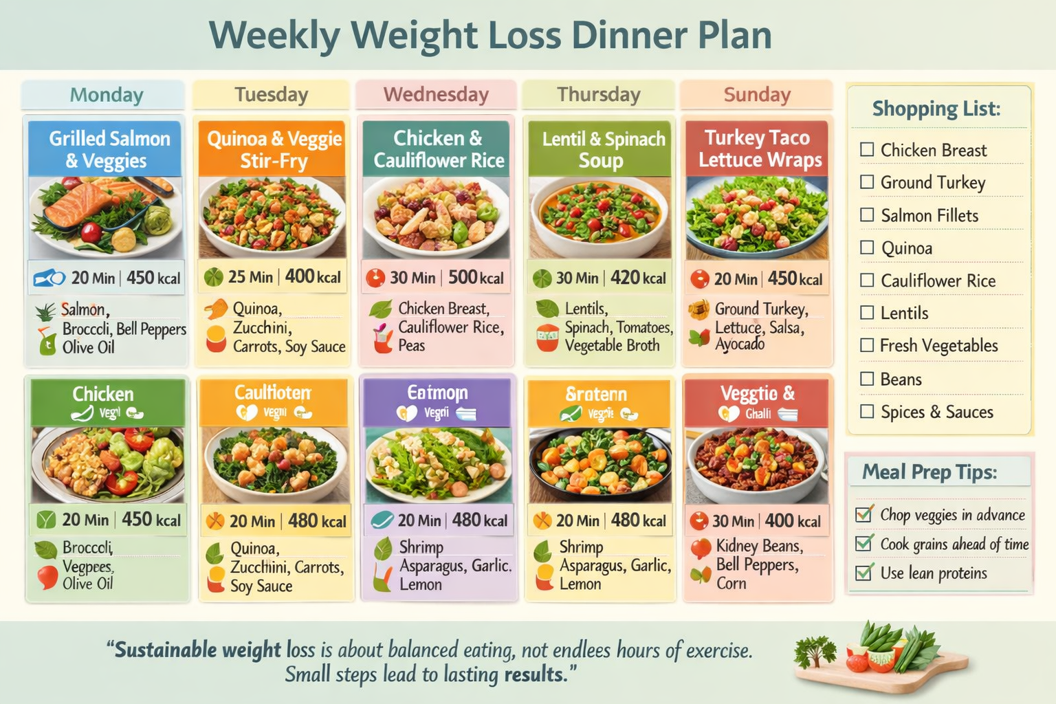Infographic-style image showing weekly meal planning calendar for dinner recipes designed for weight loss. Seven days displayed in grid form