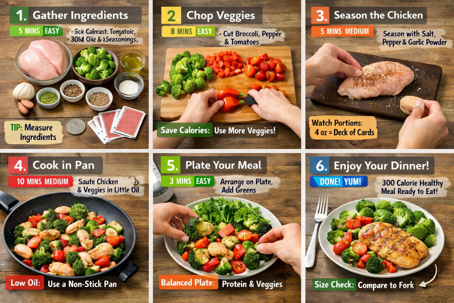 Step-by-step visual cooking guide showing preparation of healthy low-calorie dinner recipe from start to finish. Six sequential photos arran