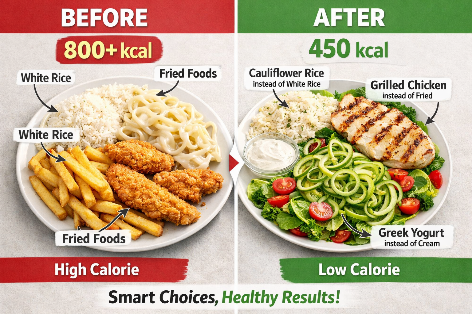Before-and-after comparison image showing transformation of traditional high-calorie dinner into lighter weight-loss friendly version. Split
