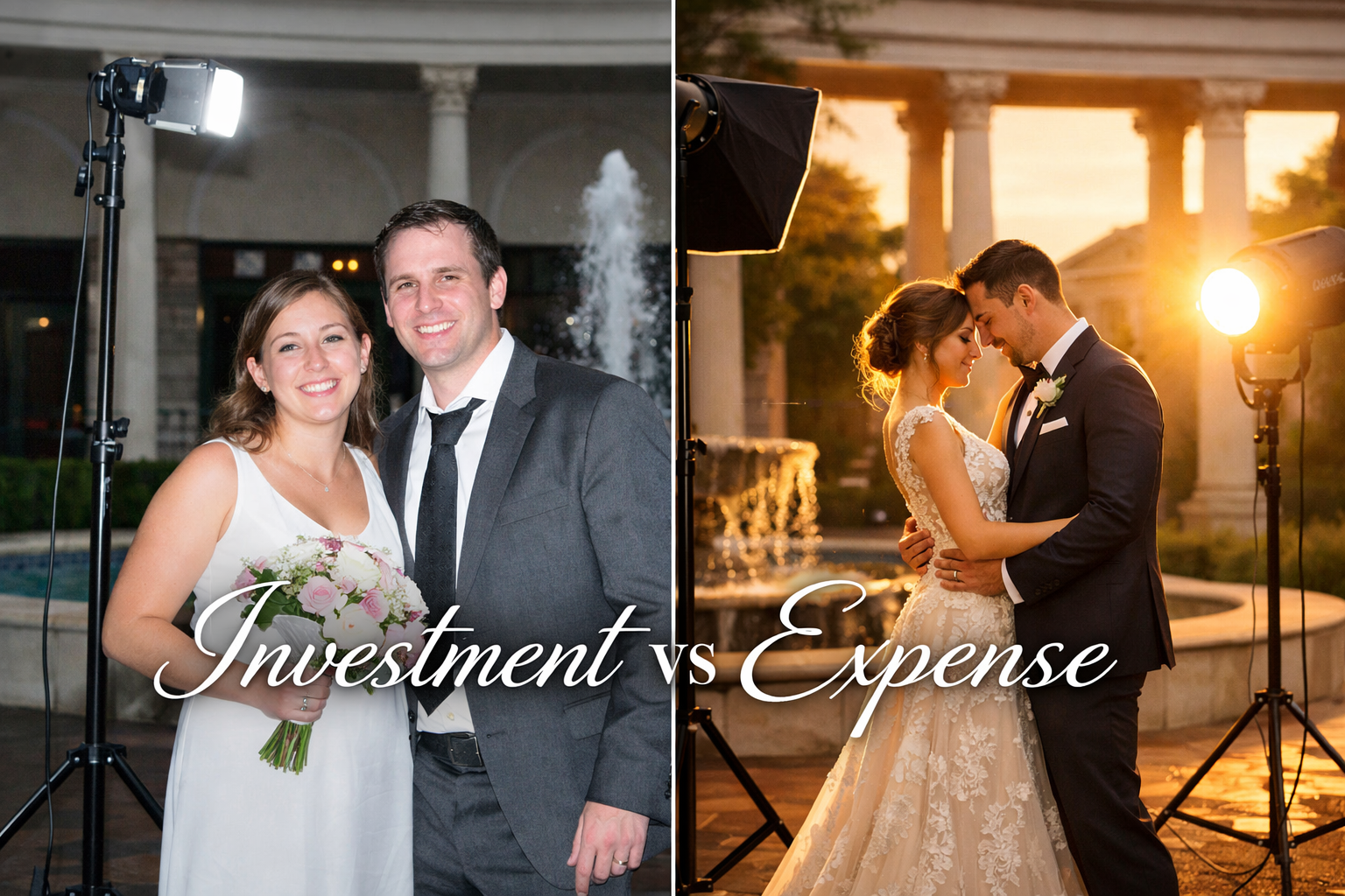 Landscape format (1536x1024) image showing split comparison of cheap vs luxury wedding photography - left side shows amateur snapshot with h