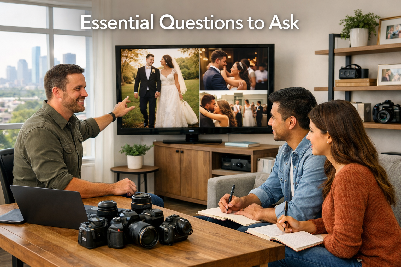 Landscape format (1536x1024) image of engaged couple during consultation with wedding photographer in modern Houston studio. Professional sh