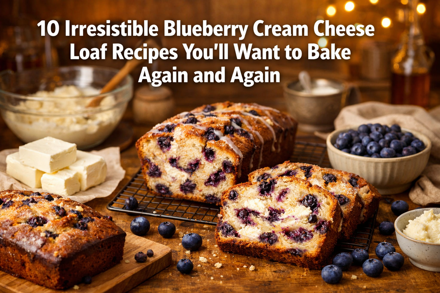 Professional landscape format (1536x1024) hero image featuring bold text overlay '10 Irresistible Blueberry Cream Cheese Loaf Recipes You'll