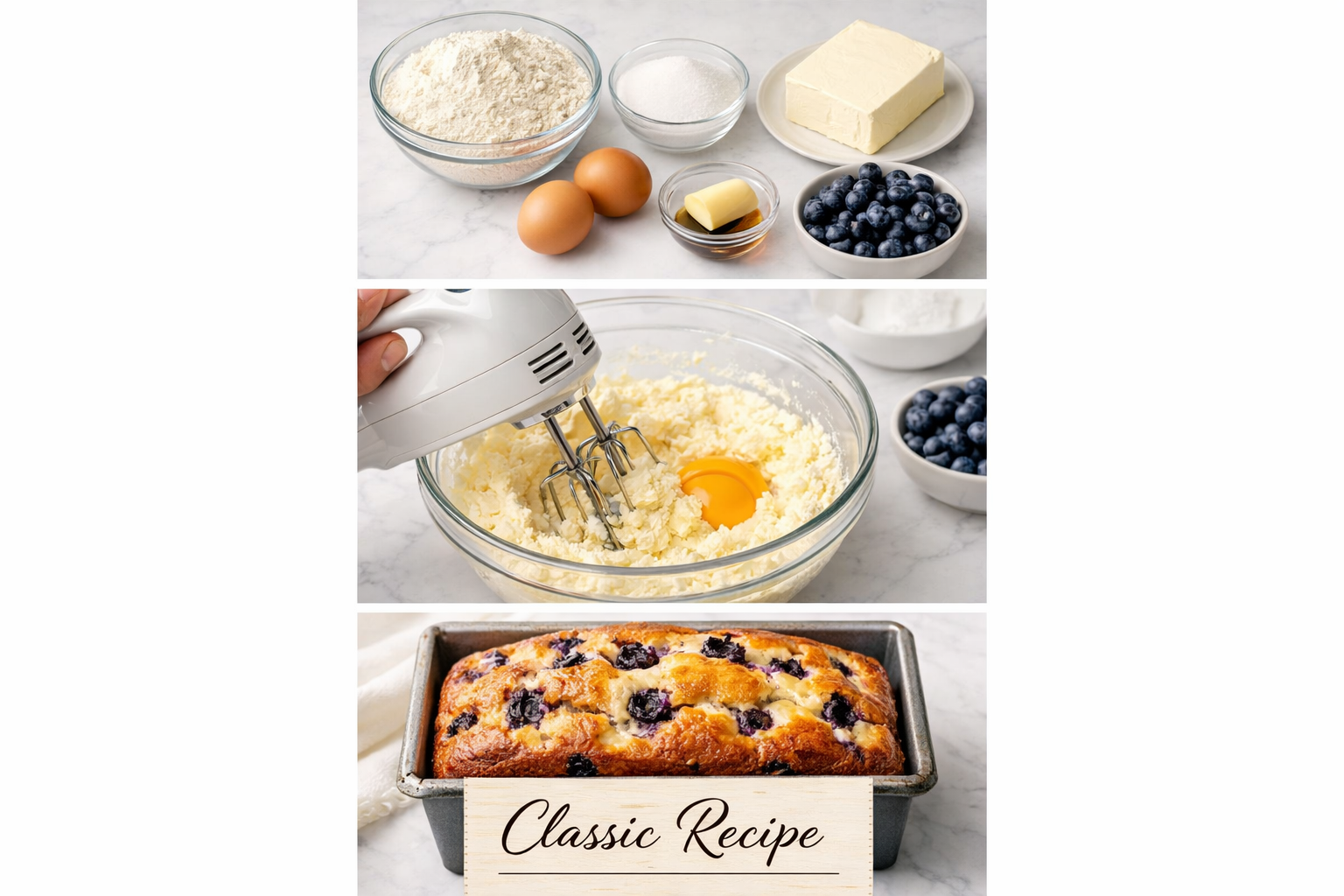 Portrait format (1024x1536) image showing step-by-step baking process for classic blueberry cream cheese loaf. Top section displays ingredie