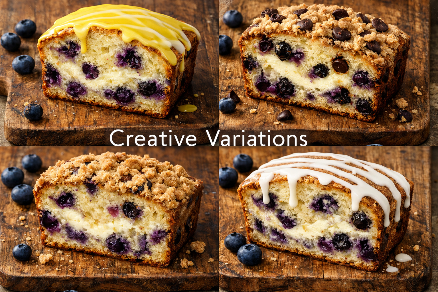 Portrait format (1024x1536) image showcasing variety of blueberry cream cheese loaf variations. Grid layout featuring four different loaf sl