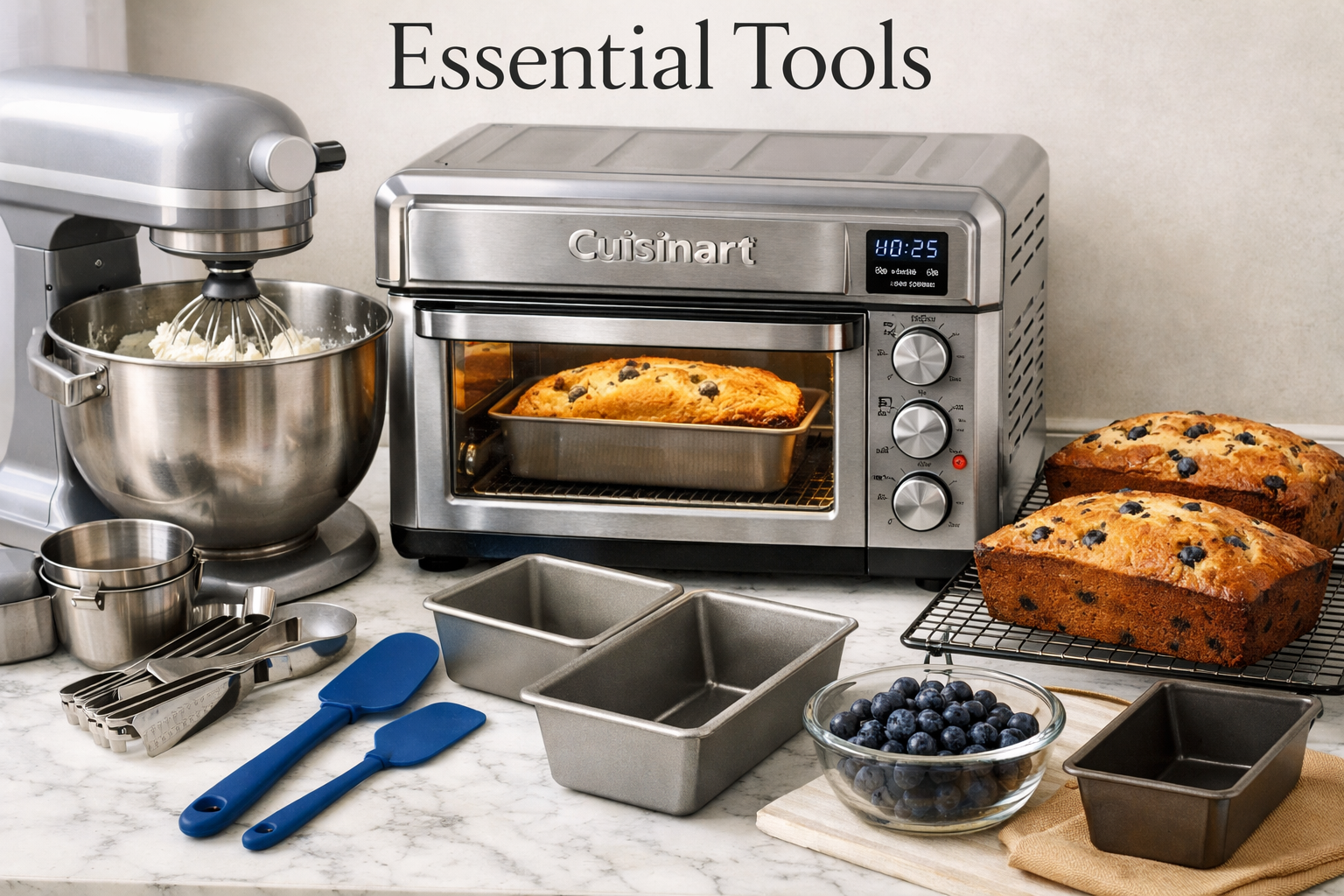 Portrait format (1024x1536) image displaying essential baking tools and equipment for perfect blueberry cream cheese loaves. Features Cuisin