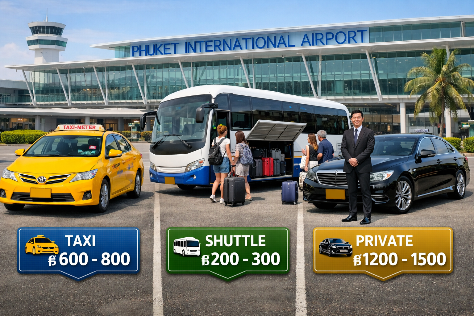 Detailed landscape image (1536x1024) showing comparison of three transfer options from Phuket Airport terminal. Left third: yellow taxi with