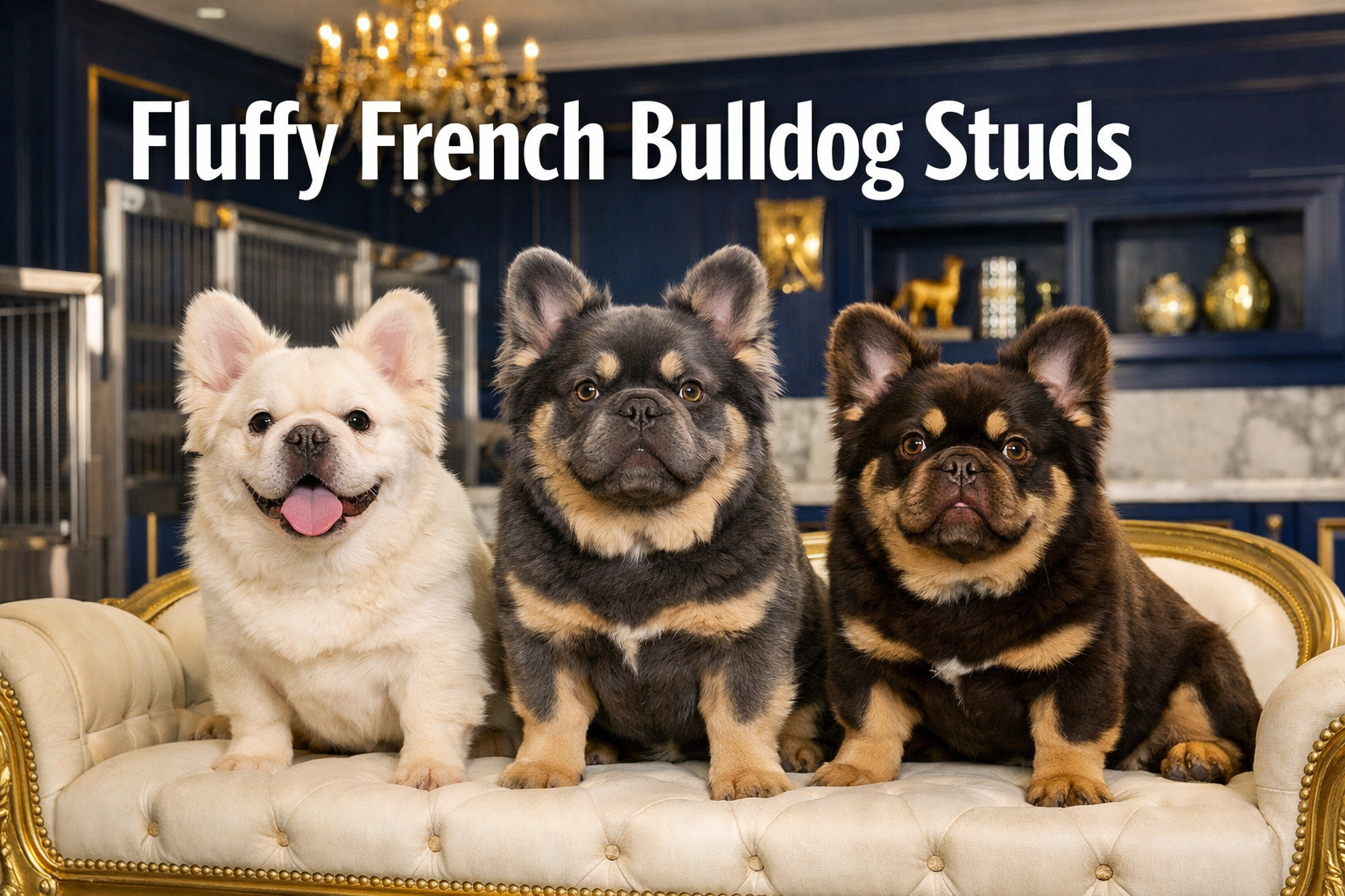 Professional landscape format (1536x1024) hero image featuring bold text overlay 'Fluffy French Bulldog Studs' in extra large 72pt white san