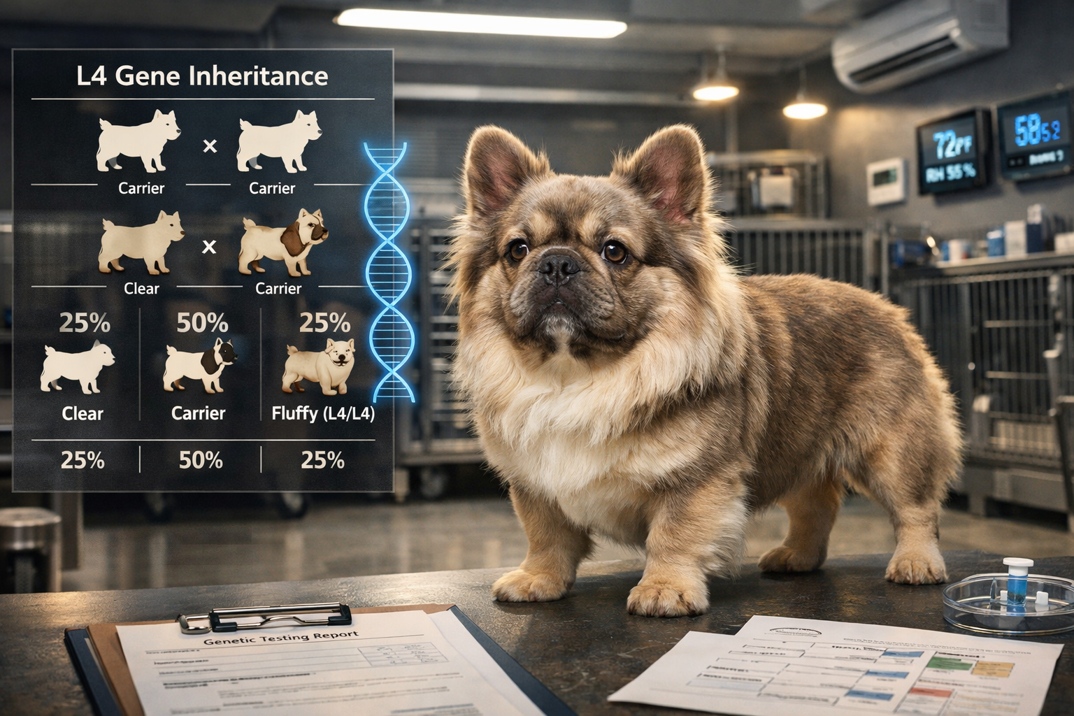 Detailed landscape format (1536x1024) image showing fluffy French bulldog stud with distinctive long coat standing in professional breeding 